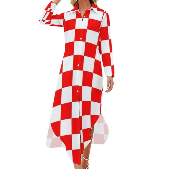 Red and White Checkered Long Sleeved Shirt Dress Evening dresses Women dresses summer evening dresses luxury