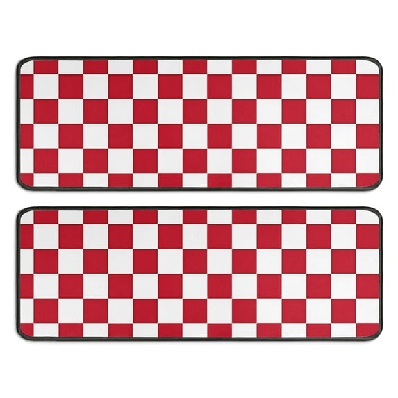 Red and White Checkered Pattern Anti Fatigue Kitchen Rugs Set Of 2, Non Slip Washable Decorative Floor Mats for Sink Laundry and Home Use, 17"x47"