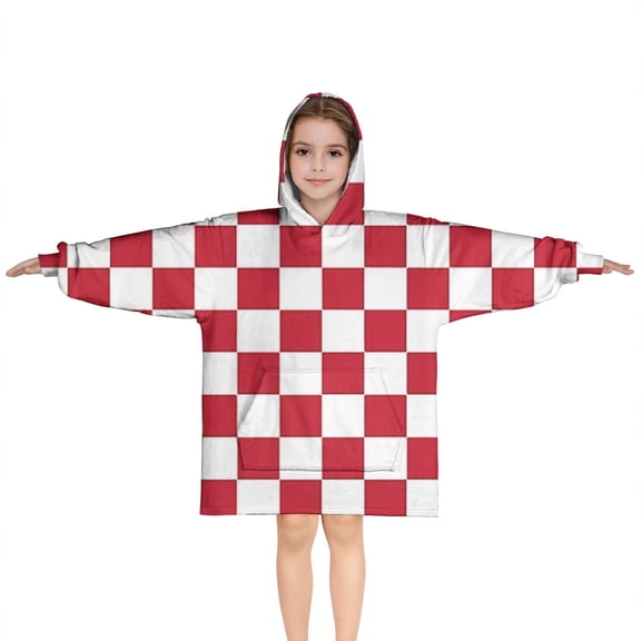 Red and White Checkered Pattern Blanket Hoodies for Kids 6-13YR Oversize Wearable Blanket Hoodies for Boys Girls Teens