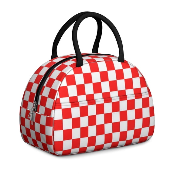 Red and White Checkered Pattern Insulated Lunch Bag,Leakproof Large Capacity Lunch Box for Work,Picnic or Travel,11.4 X 6.7 X 8.3 Inches