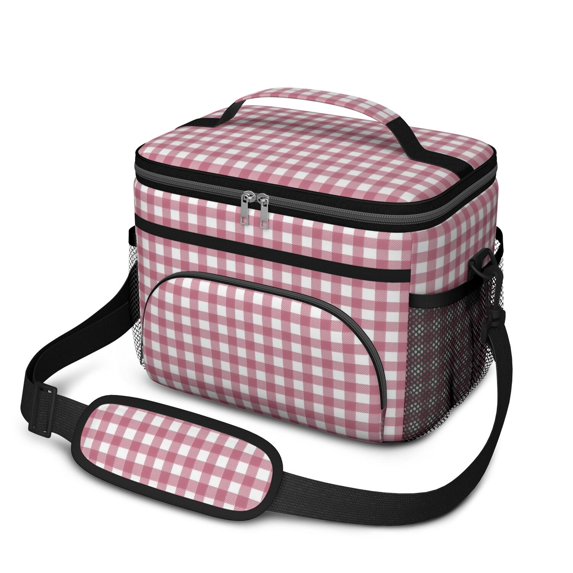 Red and White Checkered Pattern Insulated Lunch Box for Women Men, Medium Leakproof Cooler Bag with Adjustable Strap, 10"x6.7"x8"