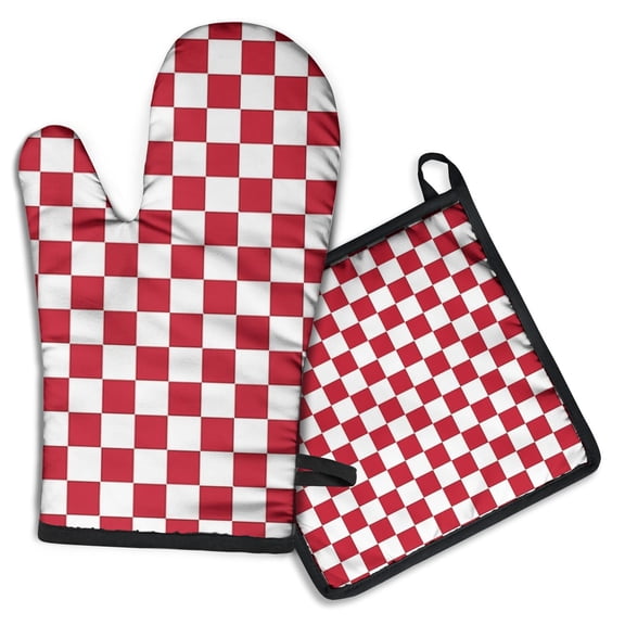 Red and White Checkered Pattern Kitchen Oven Mitt and Pot Holder Sets 2 Pcs for Baking, Cooking and Grilling, Heat Resistant Up To 392 °F