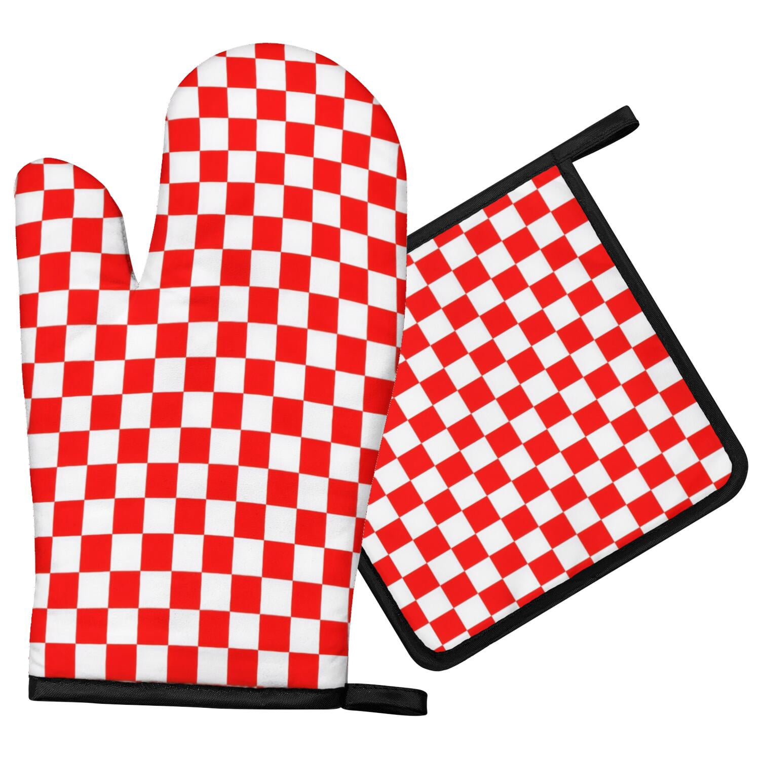 Red Sanitize Sign Red and White Checkered Pattern Oven Mitt Pot Holder Set, Polyester ...