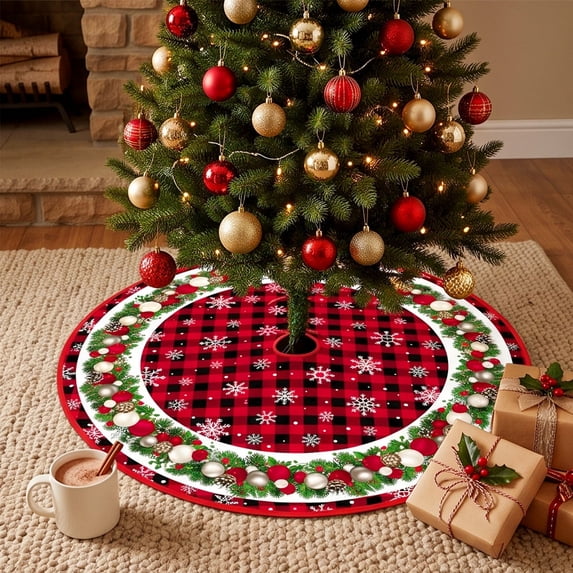 Red and White Christmas Tree Skirt, Polyester Holiday Base Cover with Santa and Snowflake Prints