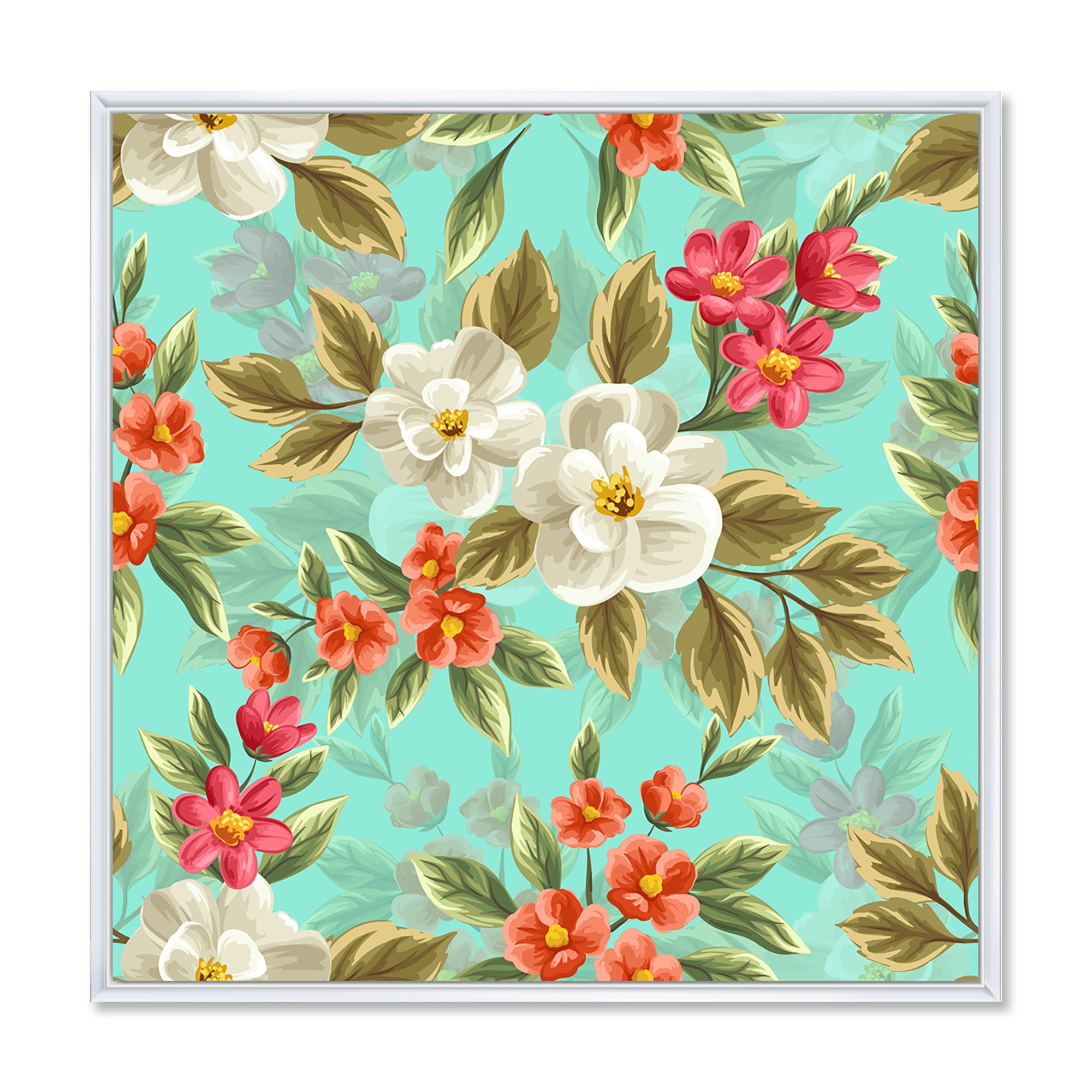 Red and White Floral Seamless Pattern 16 in x 16 in Framed Painting Canvas Art Print, by Designart
