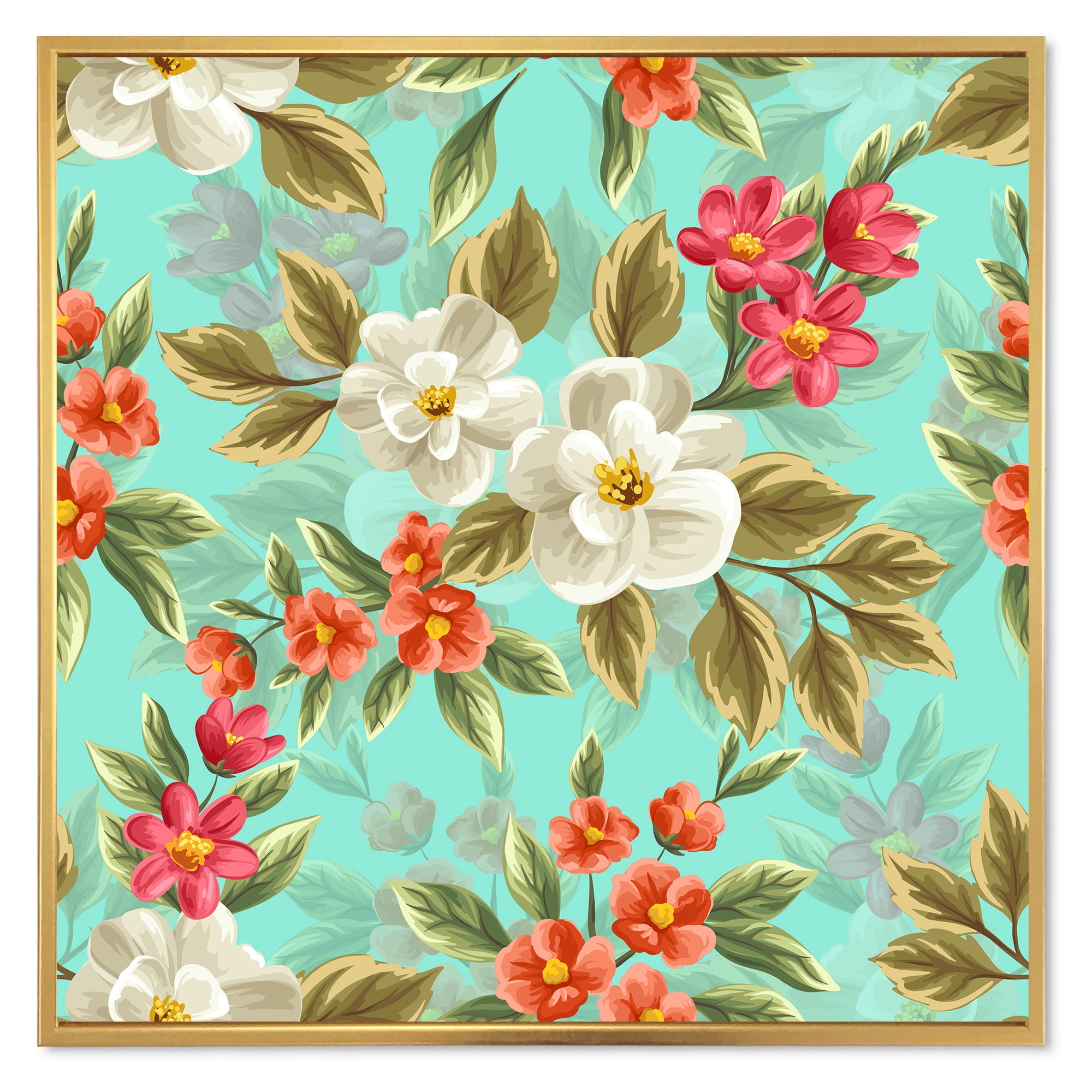Red and White Floral Seamless Pattern 36 in x 36 in Framed Painting Canvas Art Print, by Designart