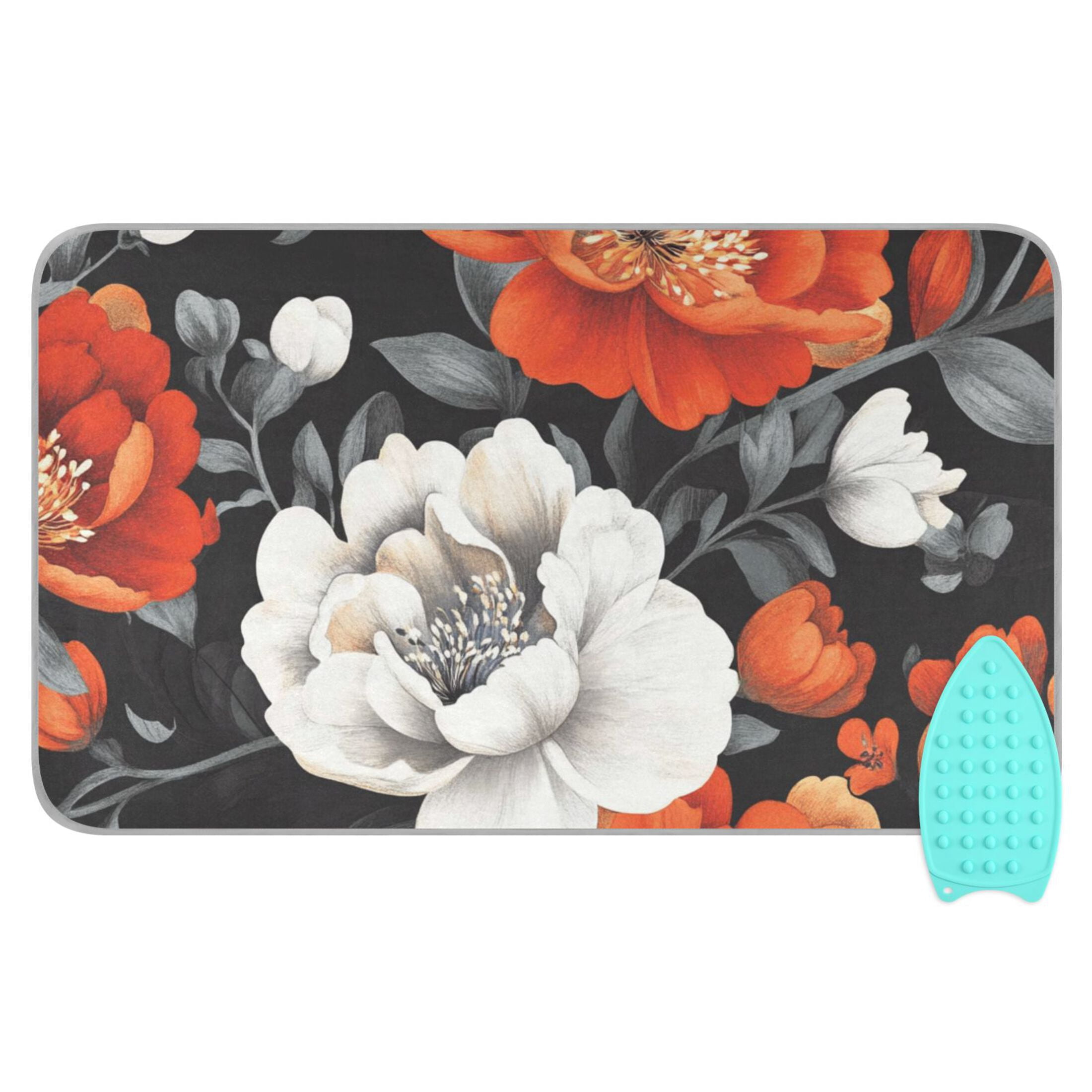 Red and White Floral on Black Ironing Mat Blanket for Table Top Travel Portable Ironing Board Pad 47.2x27.6 Inch