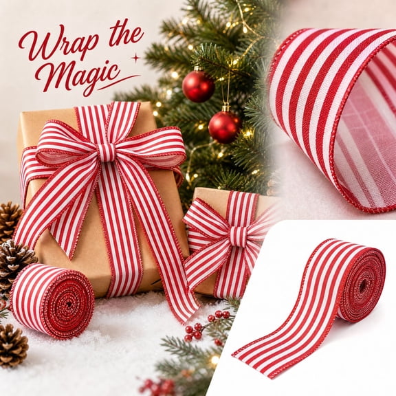 Red and White Gingham Ribbon with Bow for Christmas Tree, Gift Wrapping, Holiday Party Decorations, DIY Crafts, Home Ornaments