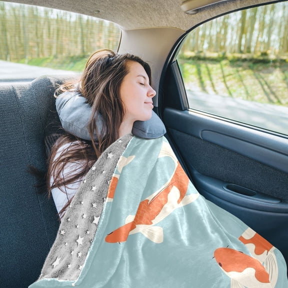 Red and White Koi Fish Travel Blanket Pillow Compact Foldable Airplane Throw Blanket with Trolley Sleeve for Travel Camping