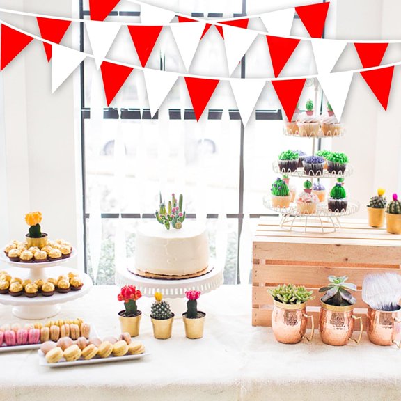 Red and White Pennant Banner Flags String Fabric Triangle Bunting, Party Decorations for Wedding, Home Outdoor Garden Hanging Festivals