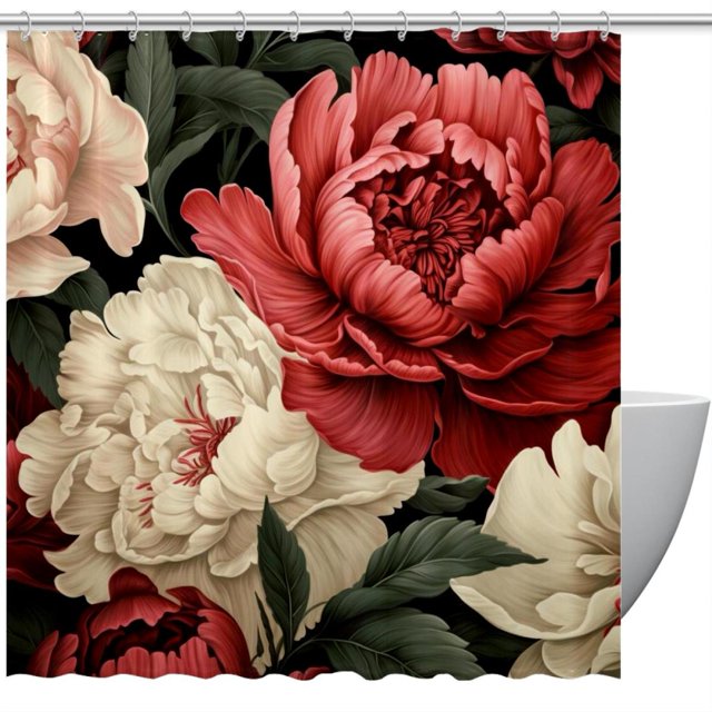 Red and White Peony Shower Curtain, Polyester Shower Curtain with Hooks
