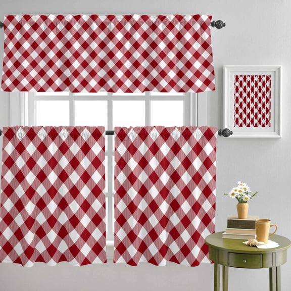 Red and White Plaid Curtain Tier and Valance Set 3 Piece, Buffalo Check Tartan 3-inch Rod Pocket Window Tier Curtains Valance for Kitchen Living Room