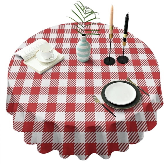 Red and White Plaid Pattern Round Tablecloth 60"x60",Wrinkle Wipeable Table Cloth for Kitchen Dining Room Picnic Patio Party
