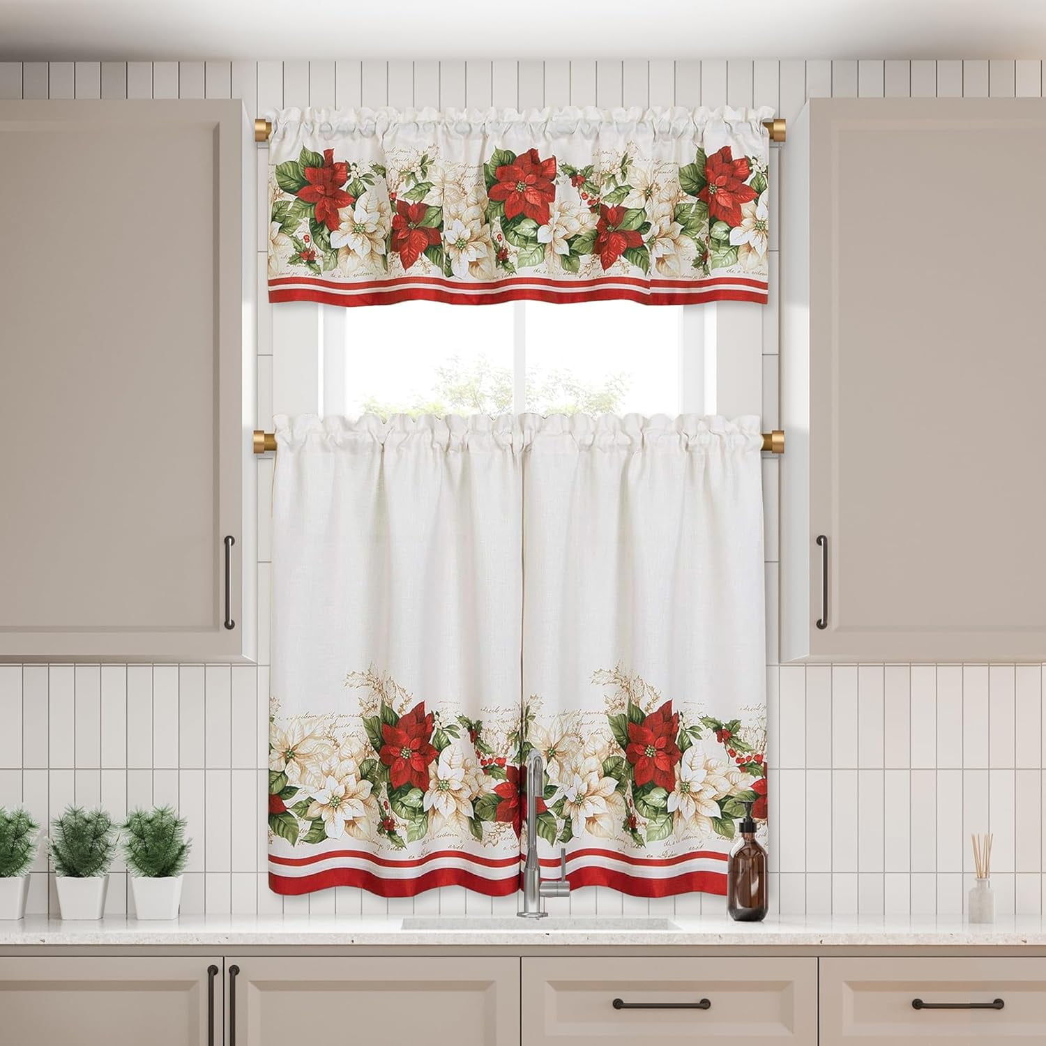 White and Red Poinsettia Polyester Holiday Tier Curtain Set