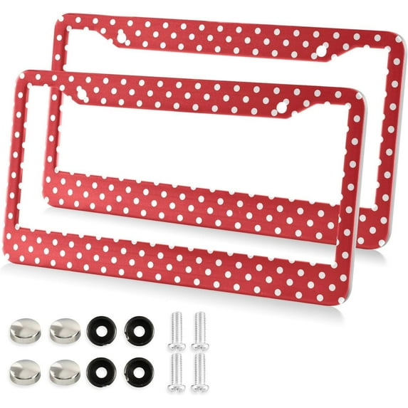 Red and White Polka Dot License Plate Frame, Aluminum Car Tag Frames, 2 Pack Universal Car License Plate Covers with 2 Holes and Screws Decorative