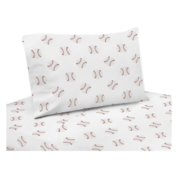 Red and White Queen Sheet Set for Baseball Patch Sports Collection - 4 Piece Set