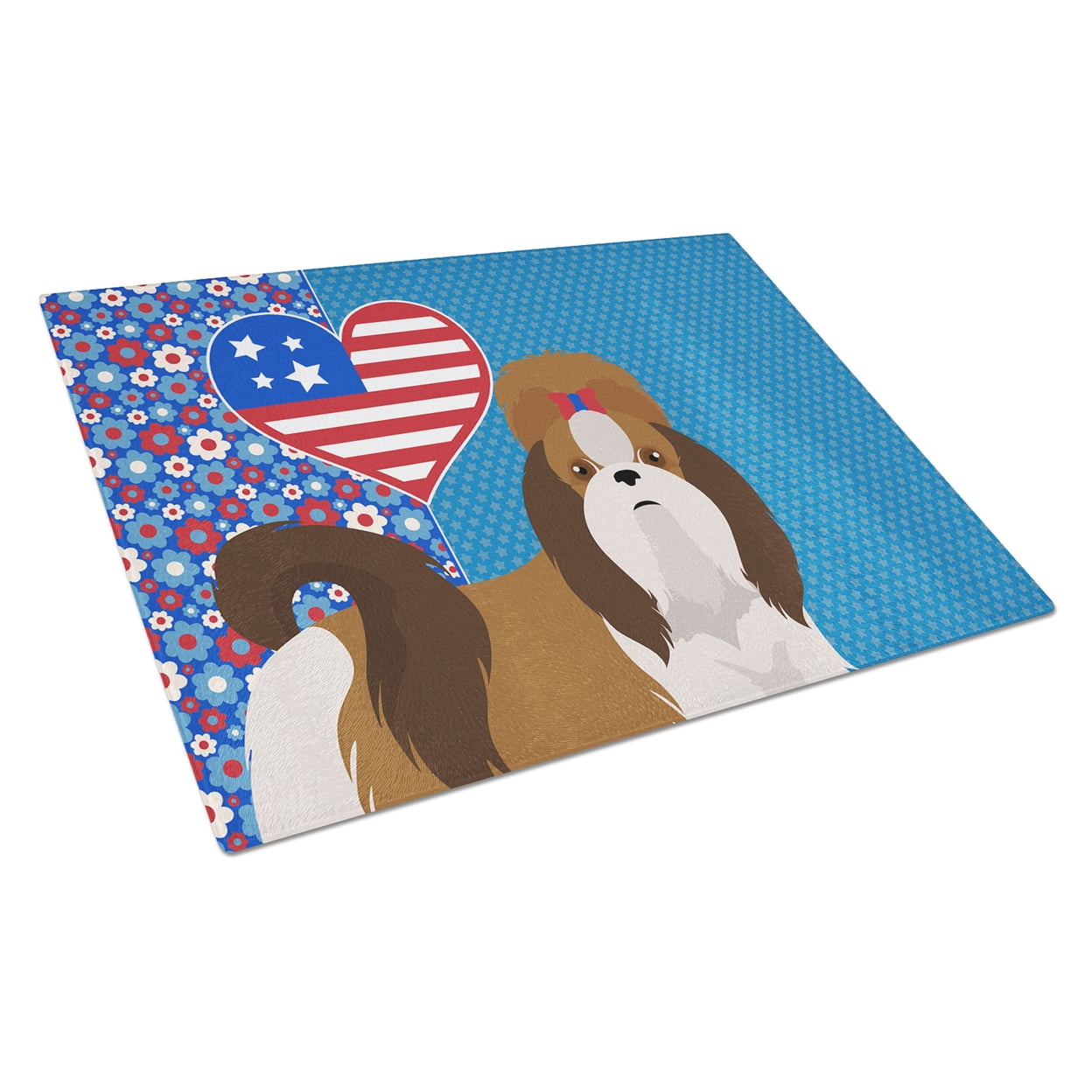 Red and White Shih Tzu Glass Cutting Board Large 12 in x 15 in