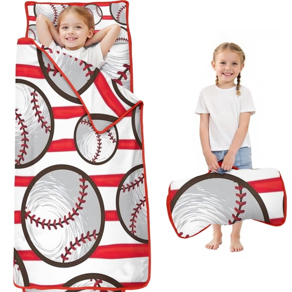 Red and White Striped Baseballs Pattern Toddler Nap Mats for Kids Preschool,Sleeping Mat Bag or Kids,Toddler Sleeping Bag,Toddler Nap Mat or Daycare
