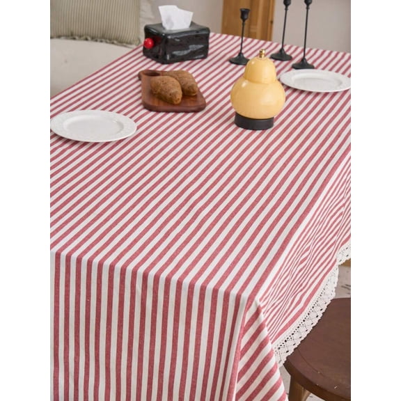 Red and White Striped Tablecloth, Farmhouse Style, Rectangular, 1 Piece