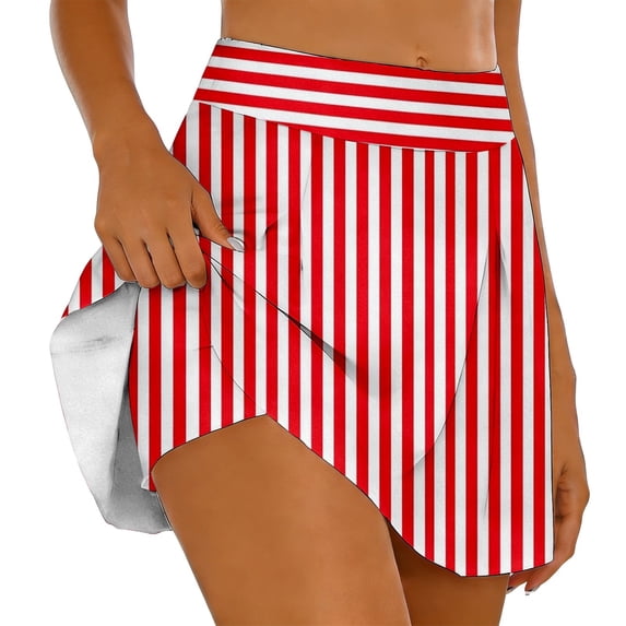 Red and White Stripes Print Skorts for Woman, Athletic Mini Tennis Skirt Golf Skirt for Women with Pocket