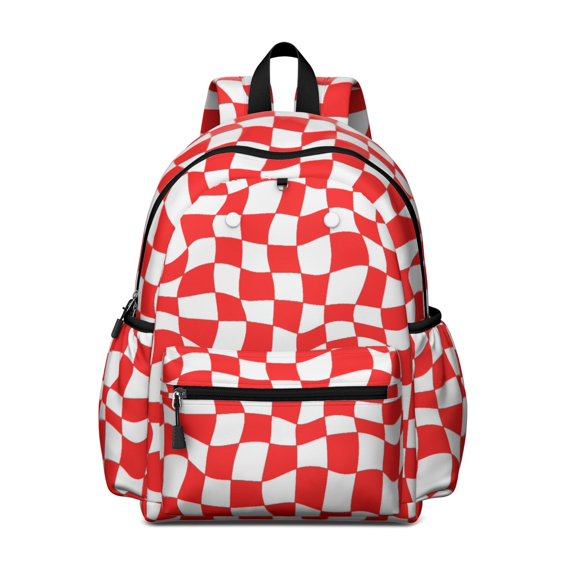 Red and White Wavy Checkered Pattern Backpack for School, Cute School Bag with Adjustable Shoulder Straps and Padded Back, 13.4"x11"x4.7"