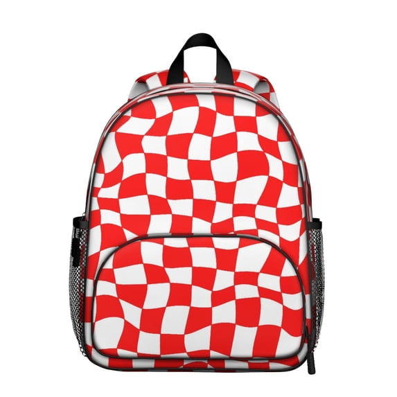 Red and White Wavy Checkered Pattern Backpack for School, Cute School Bag with Adjustable Shoulder Straps and Padded Back, 13.8"x11.4"x6"