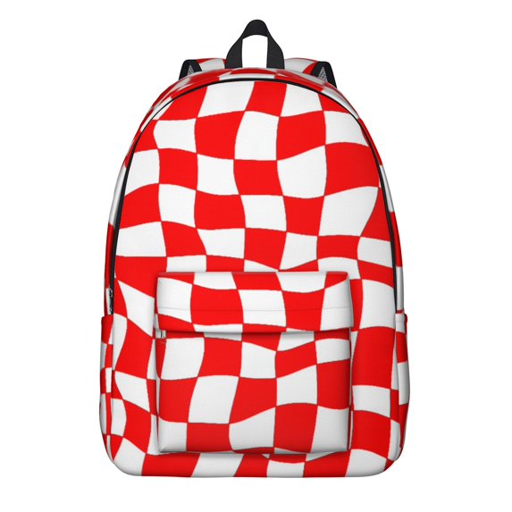 Red and White Wavy Checkered Pattern Backpack for School, Cute School Bag with Adjustable Shoulder Straps and Padded Back, 15.7"x11.8"x5.5"