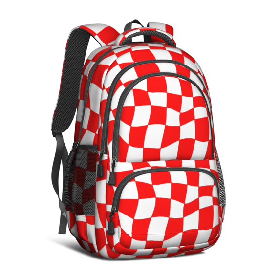 Red and White Wavy Checkered Pattern Backpack for School, Cute School Bag with Adjustable Shoulder Straps and Padded Back, 16.9"x12.6"x5.9"