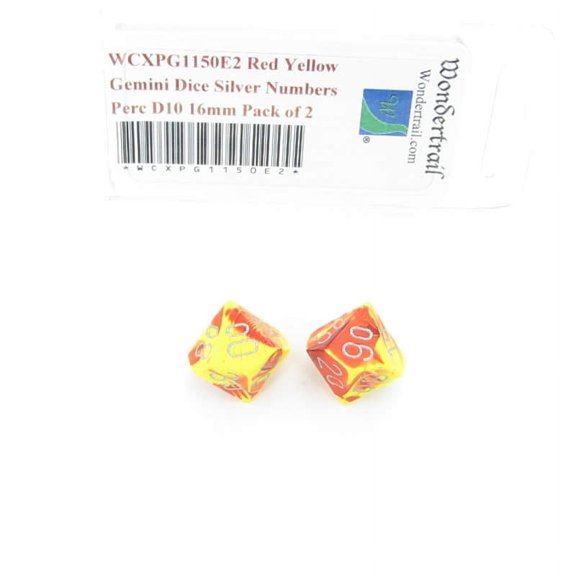 Red and Yellow Gemini Dice with Silver Numbers Perc D10 Aprox 16mm (5/8in) Pack of 2 Wondertrail