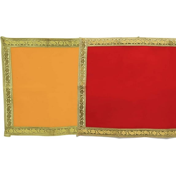 Red and Yellow Pooja Cloth Mat Aasan Decorative Cloth Set of 2 (Size:-12 Inches X 20 Inches,) for Multipurpose Pooja Decorations Item & Article