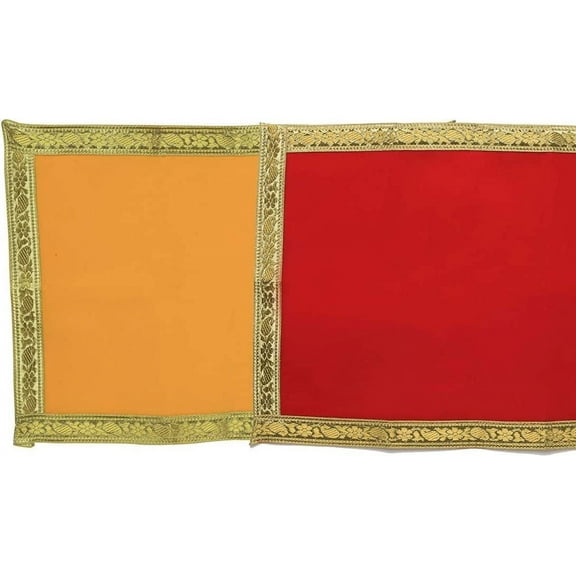 Red and Yellow Pooja Cloth Mat Aasan Decorative Cloth Set of 2 (Size:-12 Inches X 26 Inches,) for Multipurpose Pooja Decorations Item & Article