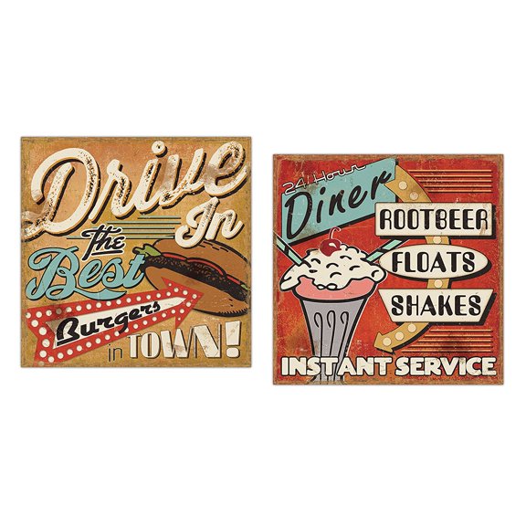 Red and Yellow Retro 50's Style Diner Signs Adult Kitchen Decor; 2 - 12" x 12" Unframed Posters