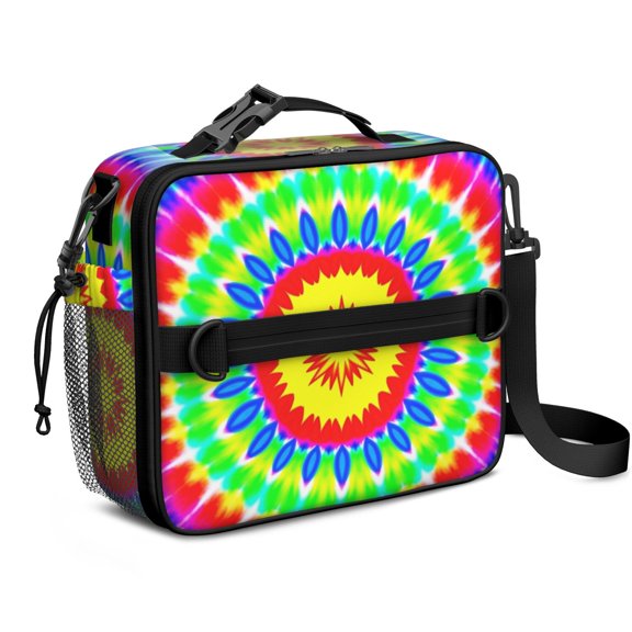 Red and Yellow Tie Dye Pattern Bento School Insulated Lunch Bag Box with Shoulder Strap and Bottle Holder, 11" X 9.5" X 3.5"