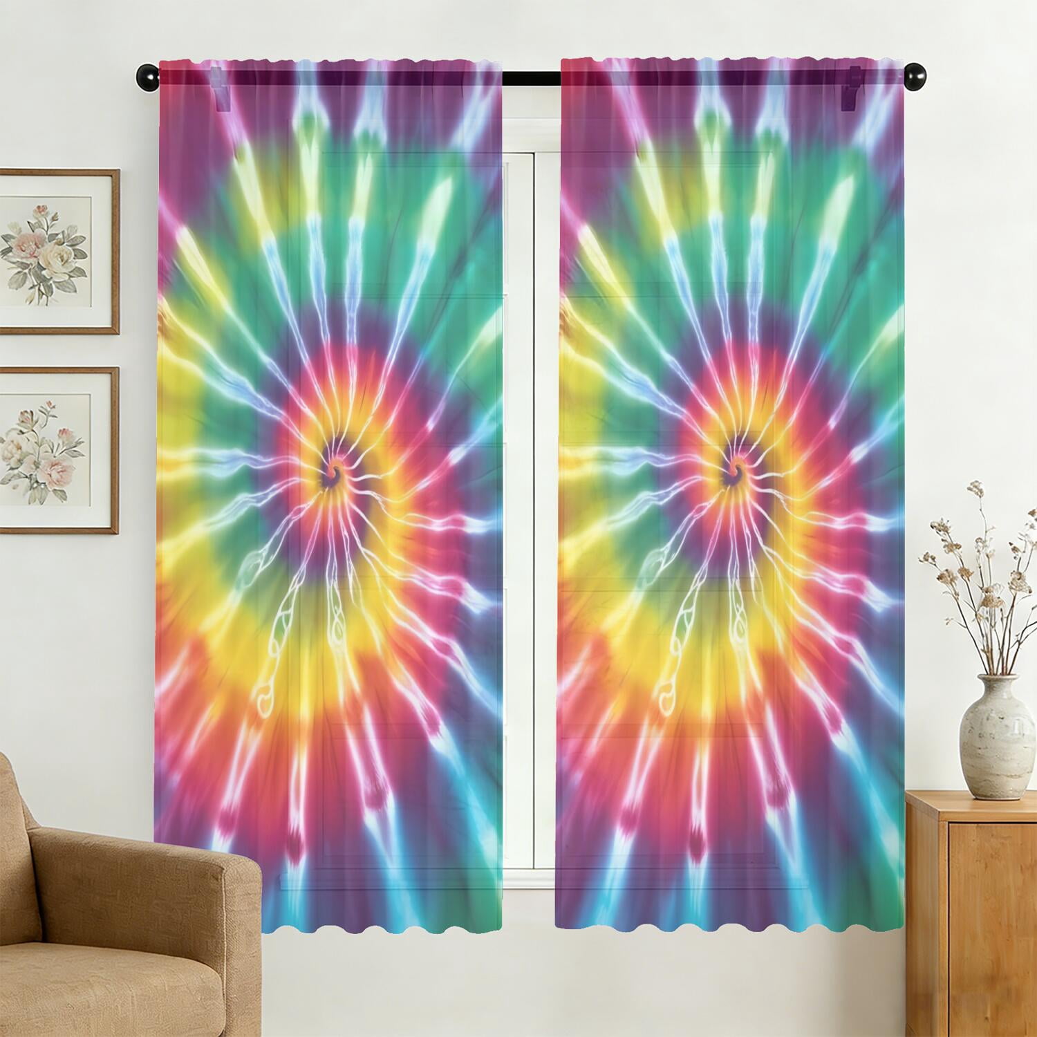 Red and Yellow Tie Dye Pattern Sheer Curtains, Rod Pocket Sheer Drapes ...