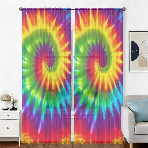 Yellow Red Line Pattern Red and Yellow Tie Dye Pattern Sheer Curtains, Rod Pocket Sheer Drapes ...