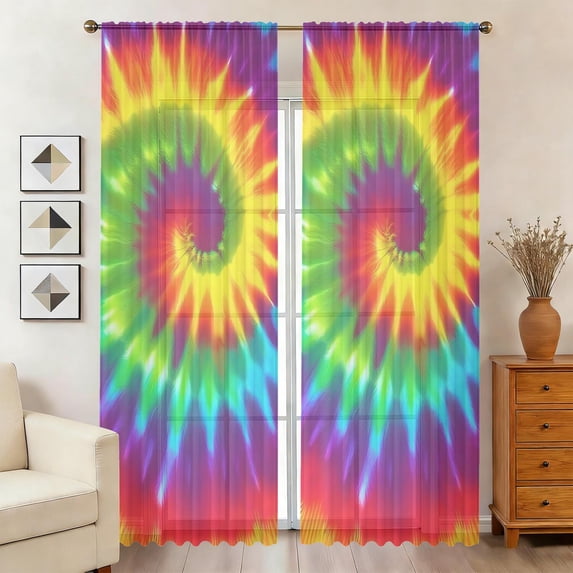 Yellow Red Line Pattern Red and Yellow Tie Dye Pattern Sheer Curtains, Voile Drapes with Dual ...
