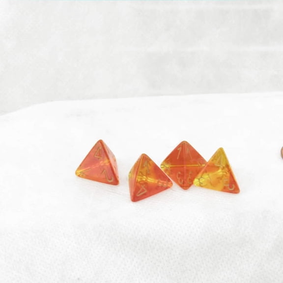 Red and Yellow Translucent Gemini Dice with Gold Numbers D4 Aprox 16mm (5/8in) Pack of 4