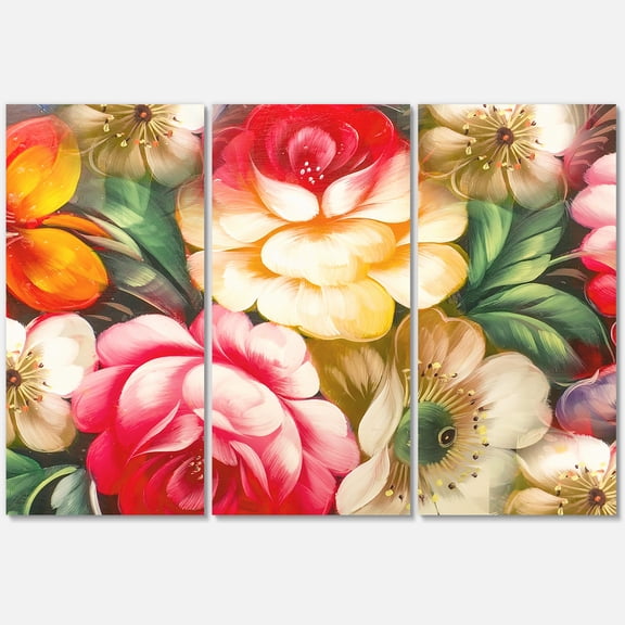 Red and Yellow VIntage Flowers 28 in x 36 in Painting Canvas Art Print, by Designart