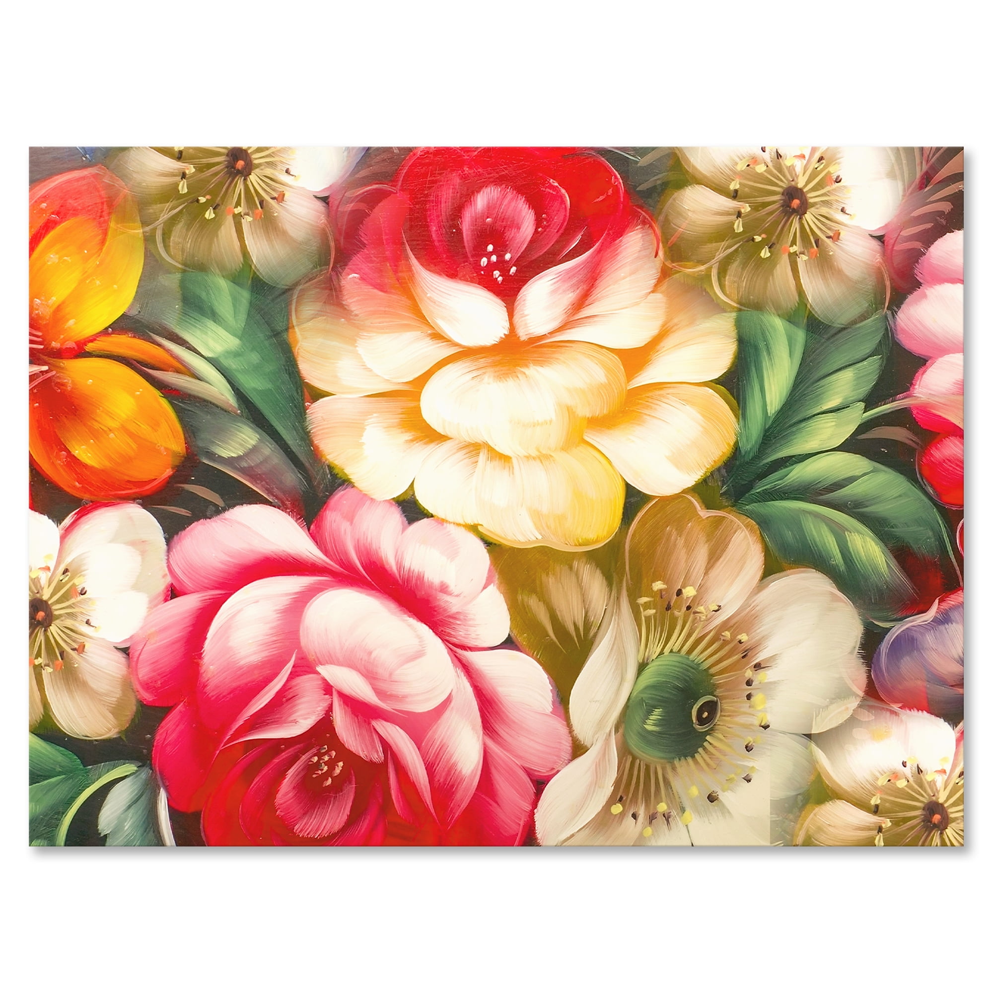 Red and Yellow VIntage Flowers 8 in x 12 in Painting Canvas Art Print, by Designart