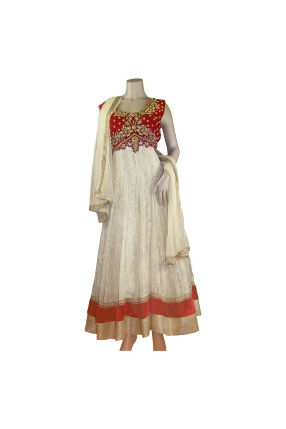 Red and biege gold work anarkali