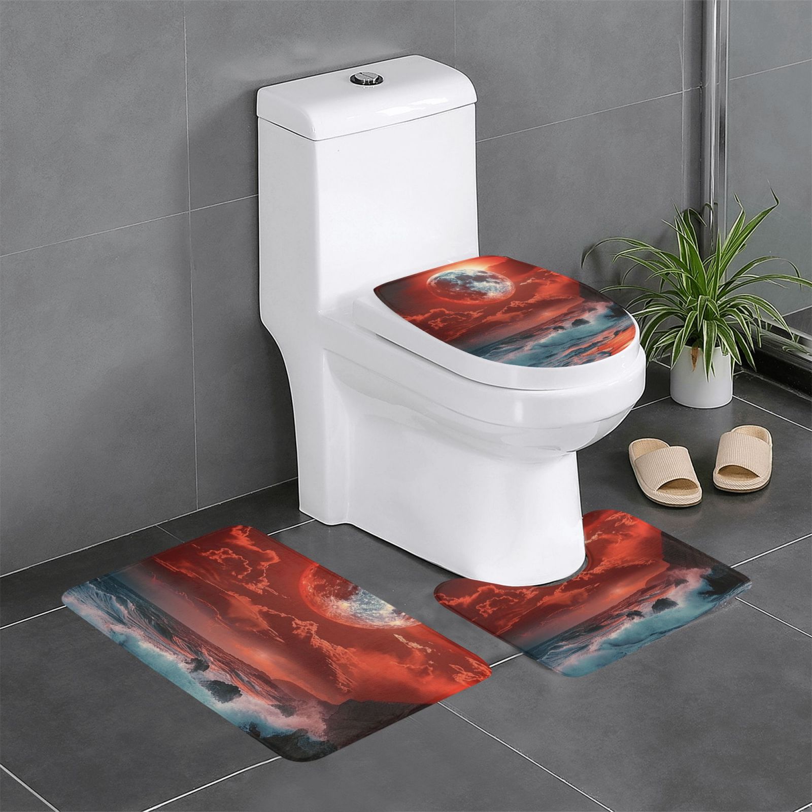 Red and churning ocean Bathroom rug 3 piece set, Happy Camping bathroom