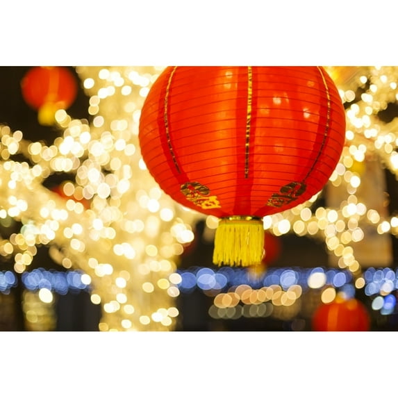 Red and gold Chinese lantern with sparkling white lights in the background Granville Island; Vancouver British Columbi 1
