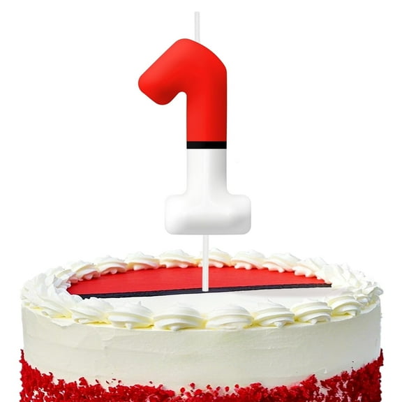 Red and white 1 birthday candles, number 1 cake candles, cartoon style game party decorations, suitable for Pok�mon theme birthday cake layout