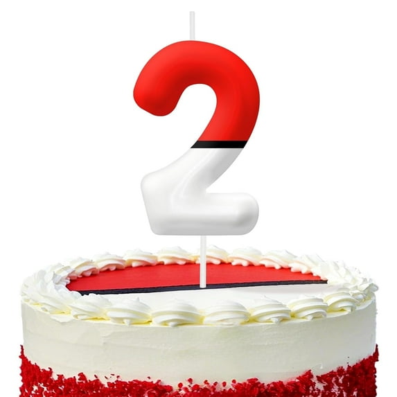 Red and white 2 birthday candles, number 2 cake candles, cartoon style game party decorations, suitable for Pok�mon theme birthday cake layout