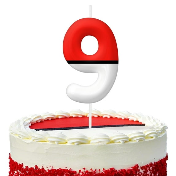 Red and white 9 birthday candles, number 9 cake candles, cartoon style game party decoration, suitable for Pokemon theme birthday cake arrangement