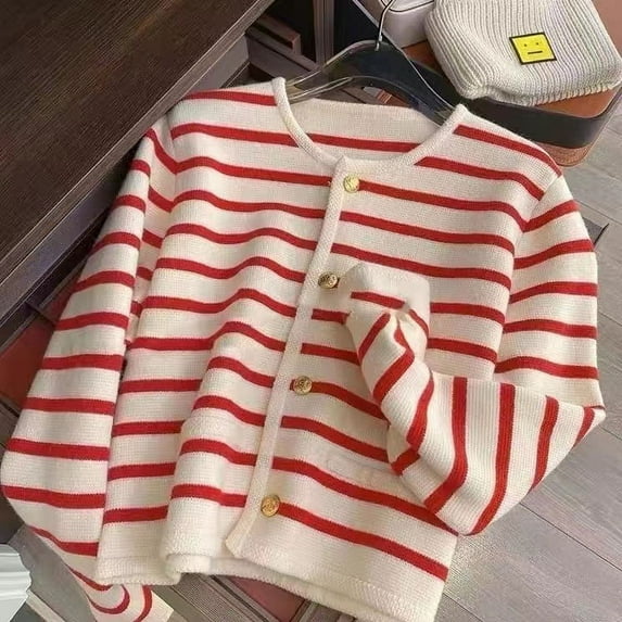 Red and white contrast color striped soft glutinous knitted top for women Autumn sweet age-reducing short sweater cardigan Megngio