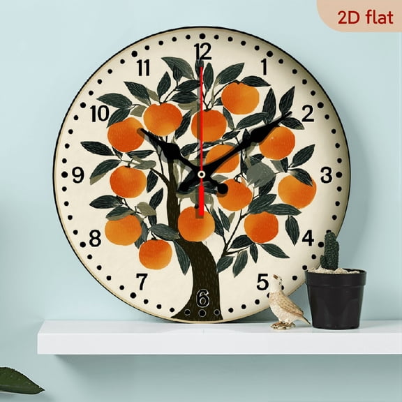 Red apple tree Backdrop - 10-Inch Wood Veneer Round Silent Flat Wall Clock - Batteries Not Included - Ideal for Living Room, Bedroom, Kitchen - Aesthetic Home and Office