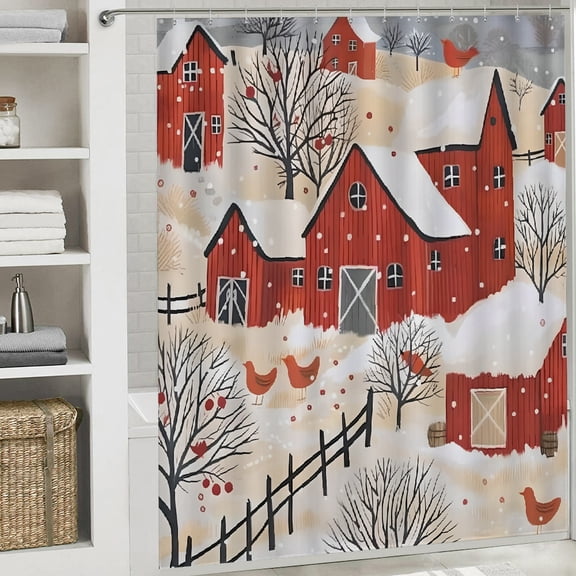 Red barn, snowy day, red bird Bathroom shower curtain beautiful pattern printed shower curtain  Home Sweet Home Fabric Shower Curtain Bathtub Decor with Hooks