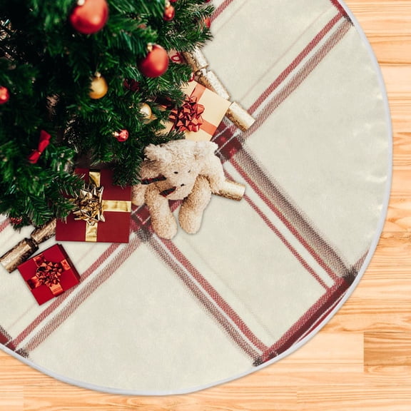 Red-beige Plaids Christmas Tree Skirt Opening Design Floor Protection Holiday Decor 35.4" Diameter S