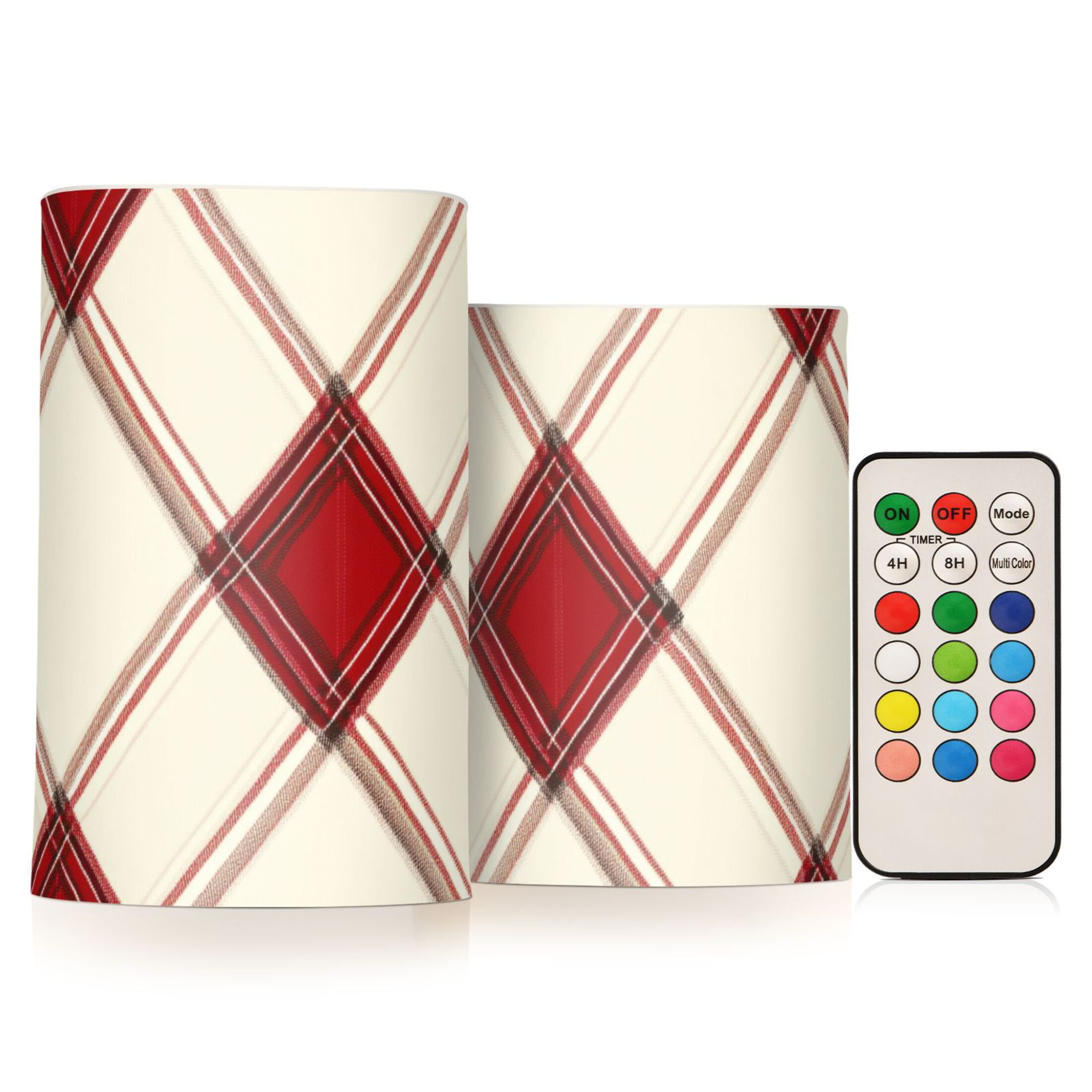 Red-beige Plaids Flickering Flameless Candles LED Tealight Battery Operated with Remote Set of 2 Holiday Decor Ornaments
